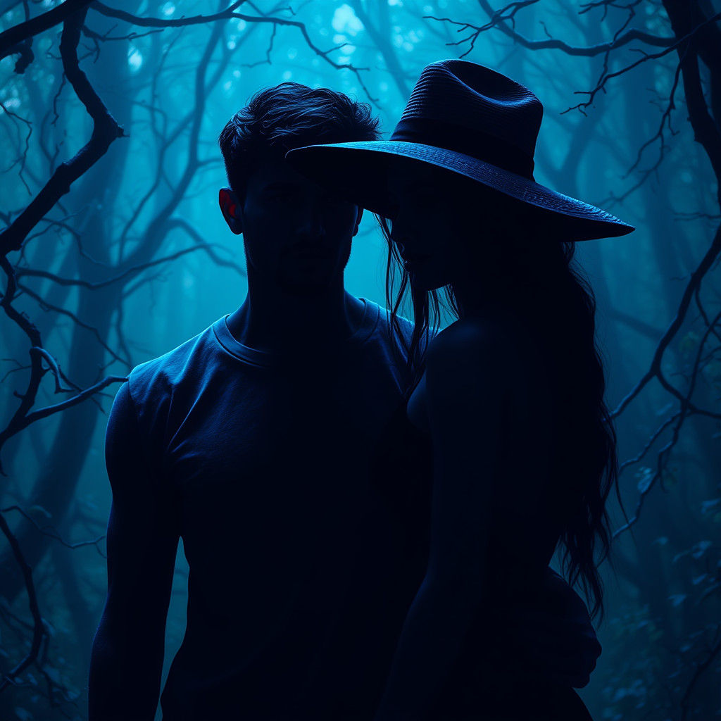 Mystical Woods: Man and Woman in Blue Silhouettes