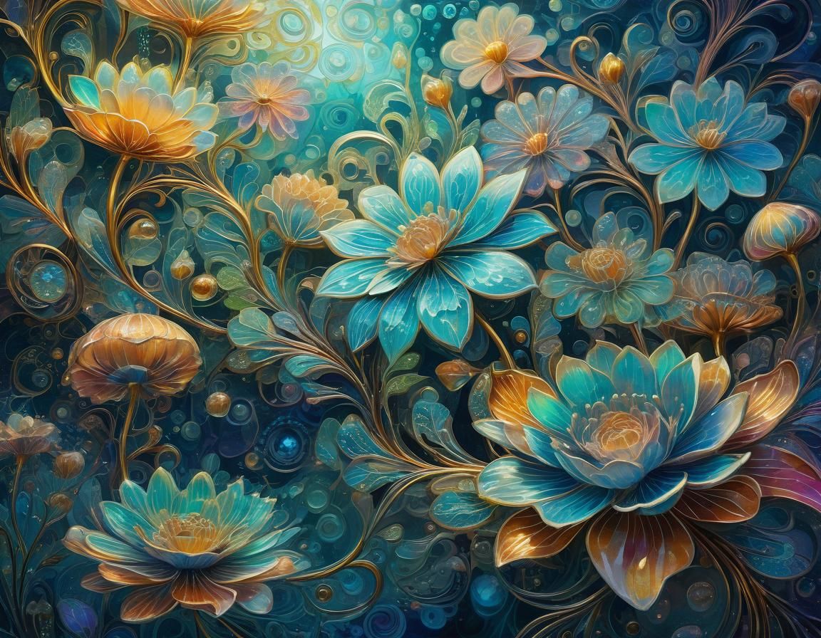Surreal Steampunk Floral Patterns in Vibrant Digital Art