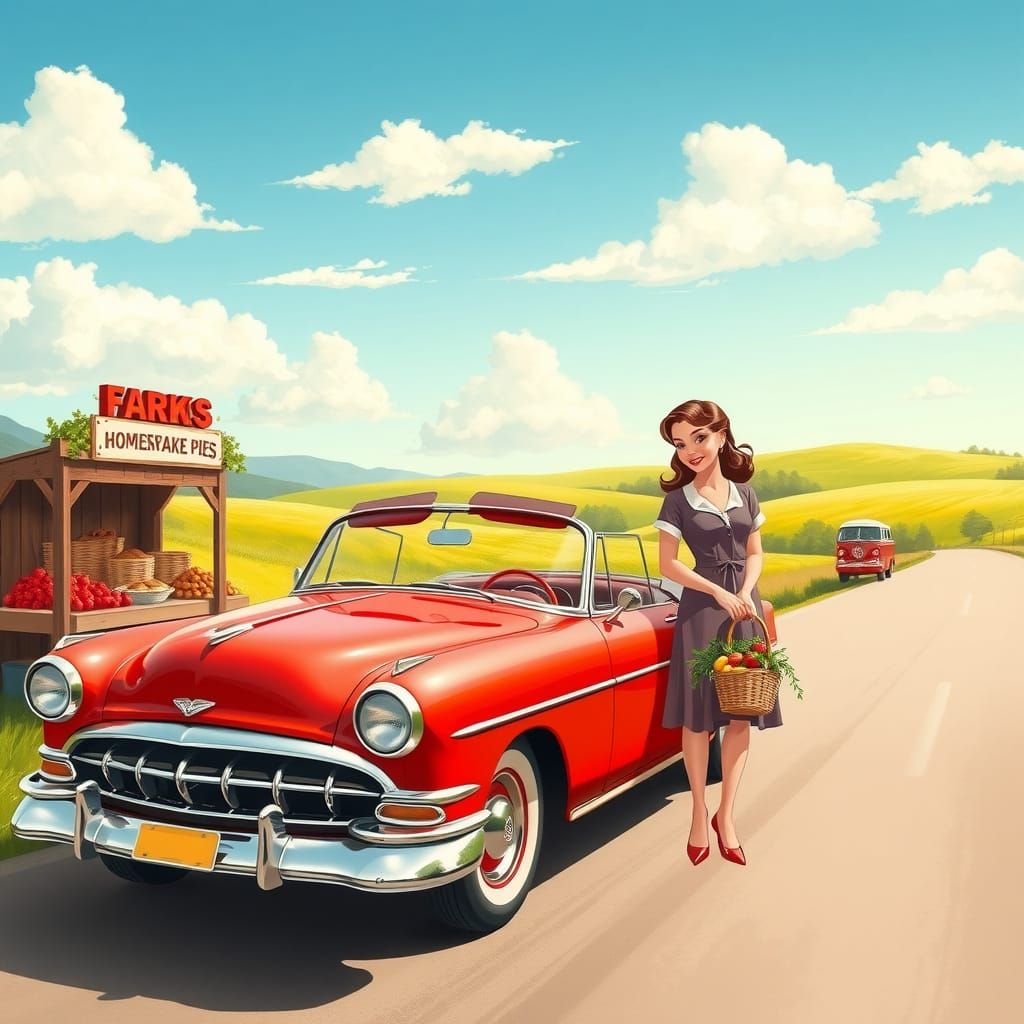 A vintage, cherry-red 1950s convertible car is parked jaunti...