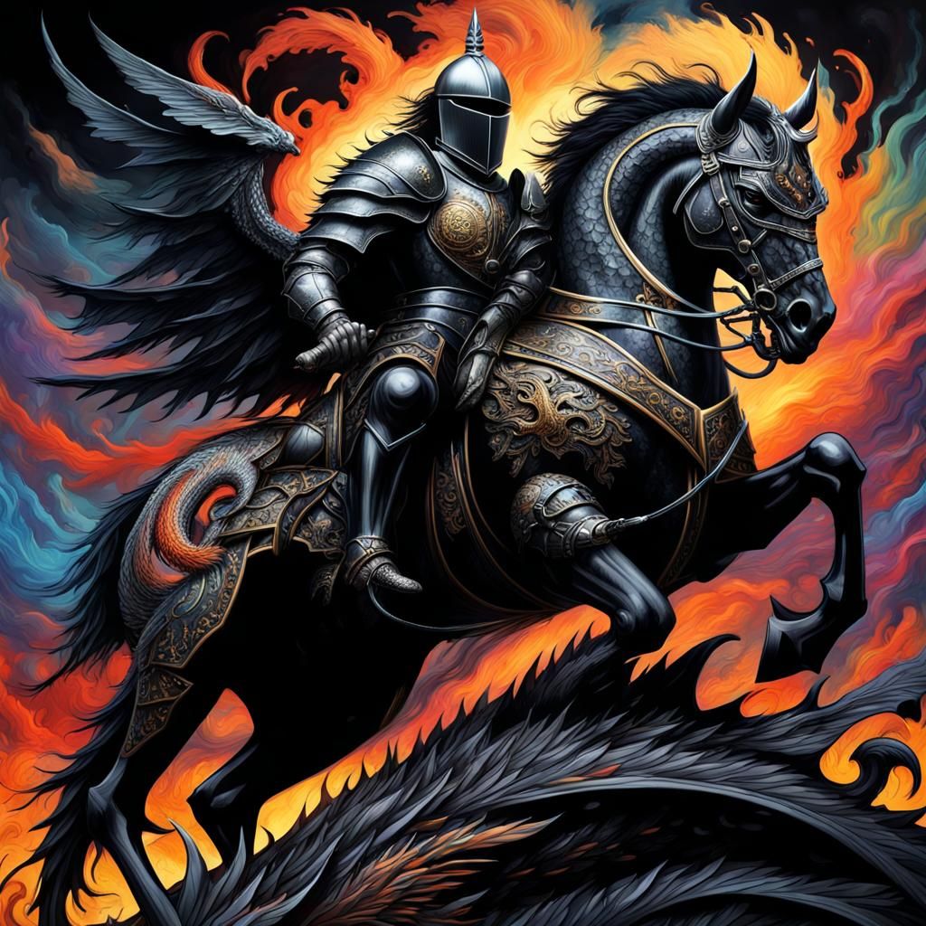 Knight on War Horse with Dragon, Airbrush Art