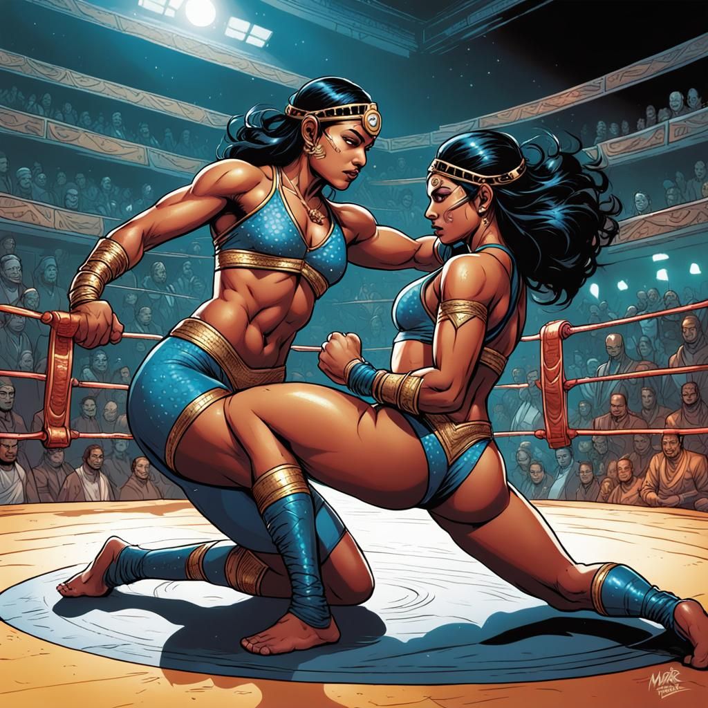 Indian Queens Wrestling in Arena: Comic Book Art