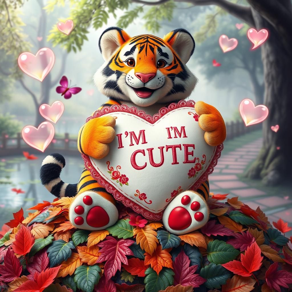 Fluffy Tiger with Heart Pillow in 3D Render