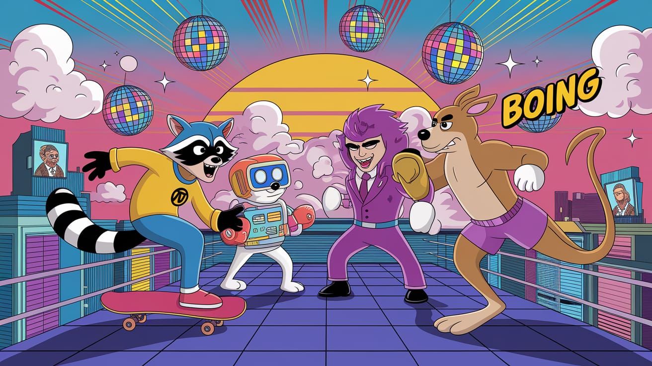 Animal Heroes Versus Disco Villain in Cartoon Style
