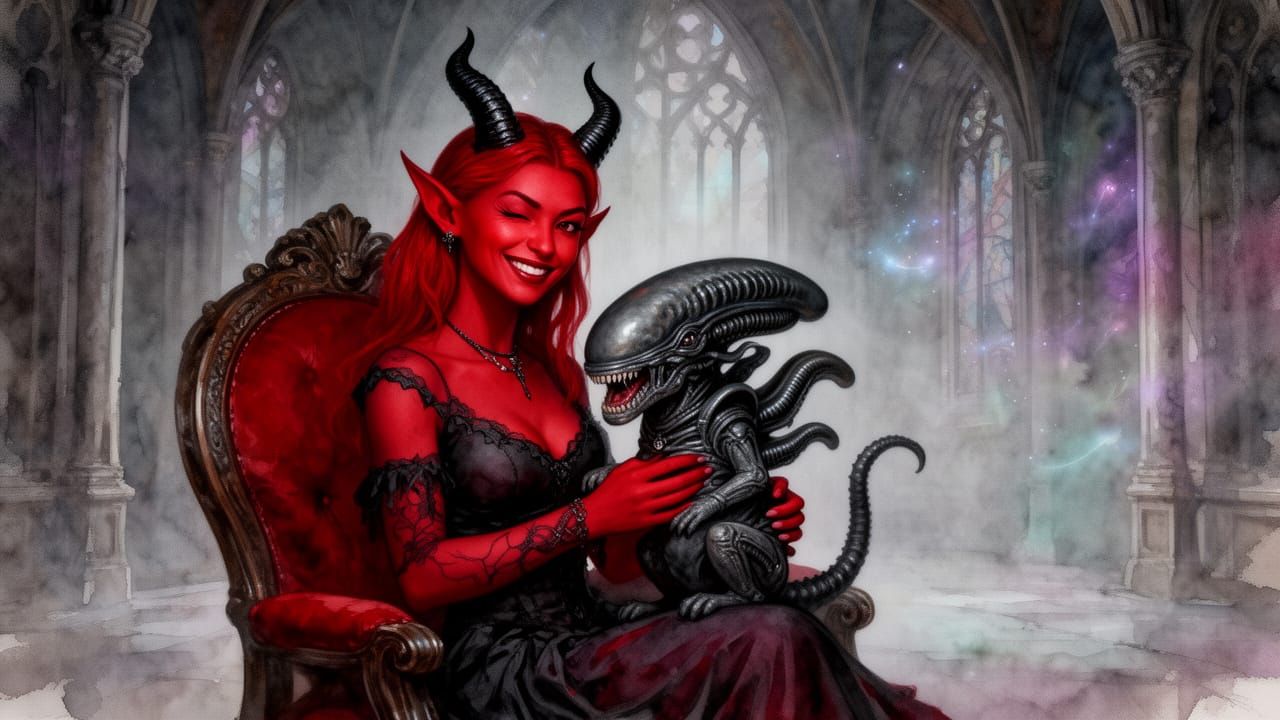 Mystic Tiefling Caresses Xenomorph Cat in Gothic Castle