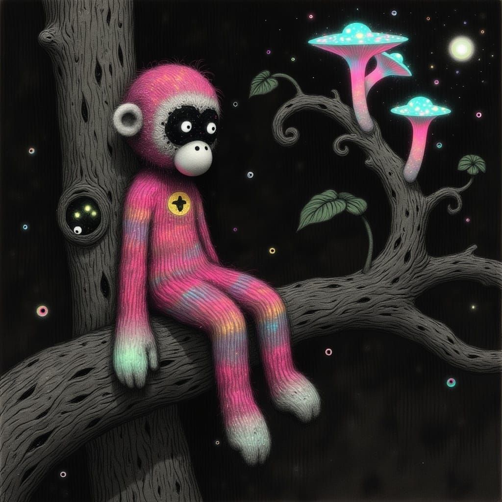 Glowing Sock Monkey Abandoned in Dark Surreal Forest