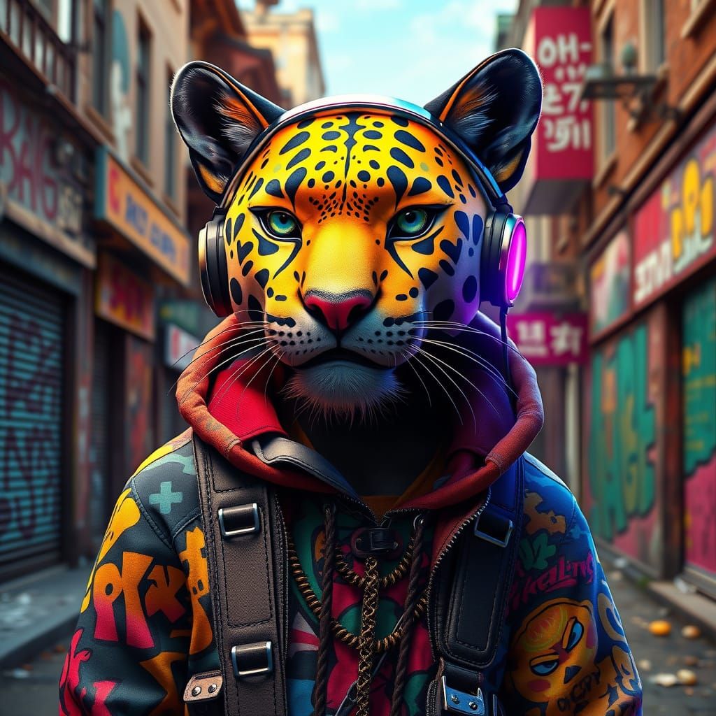 Whimsical Panthera in Cyberpunk Urban Wear