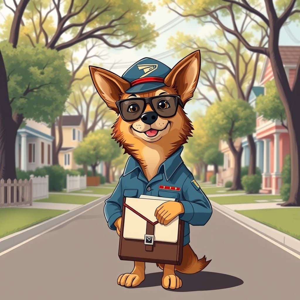 Whimsical Spy Dog in Postal Disguise on a Retro Avenue