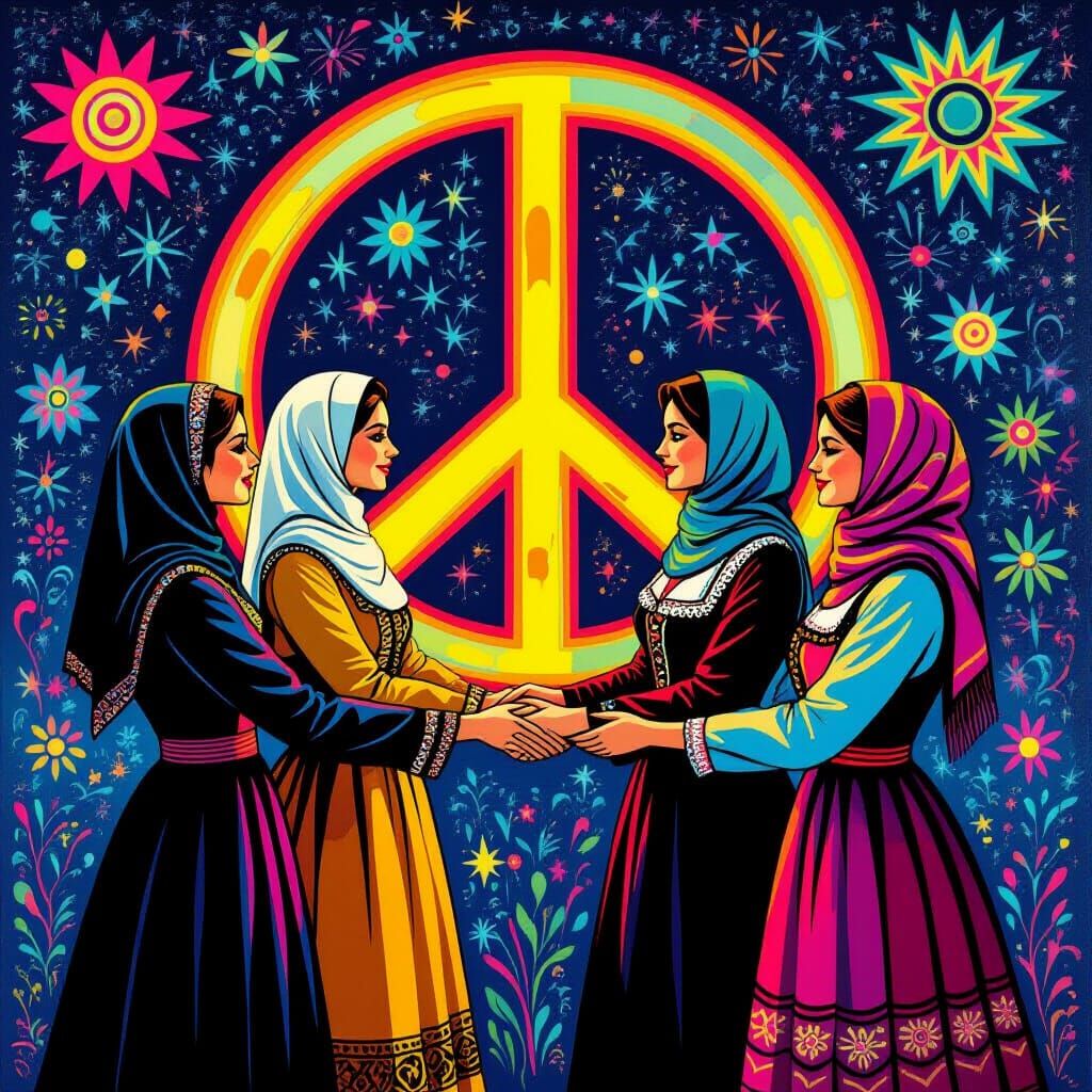 Multicultural Women United by Neon Peace Sign