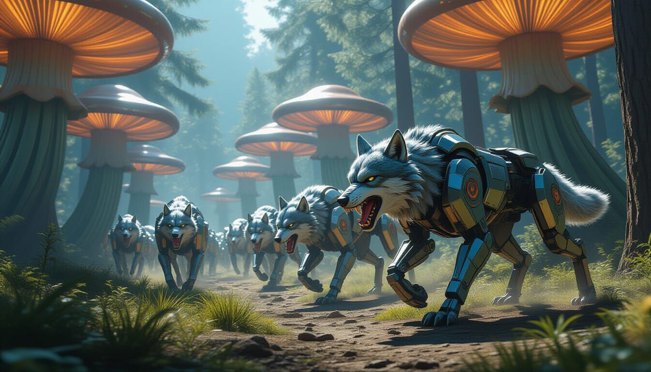 Mechanized Wolves Hunt in Luminous Mushroom Forest