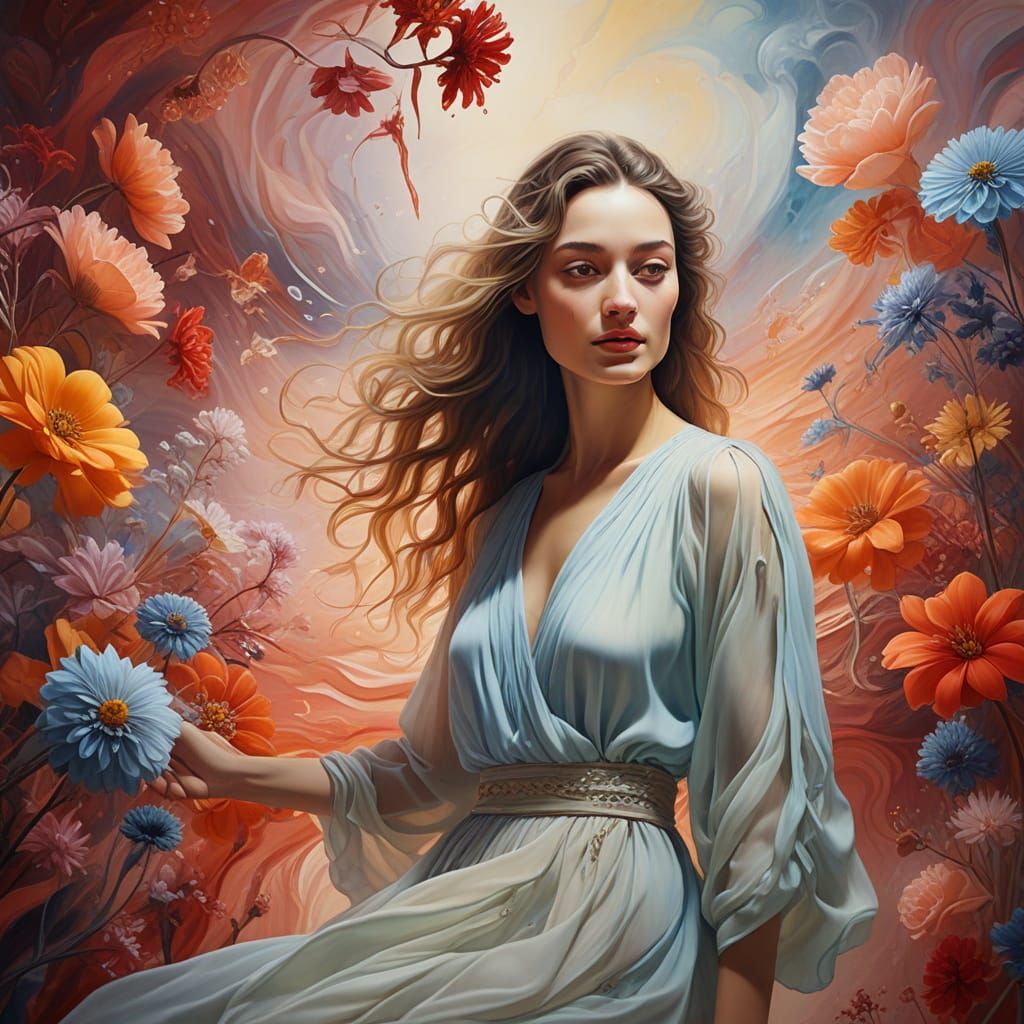 Surreal Watercolor Portrait with Dreamy Floral Motifs