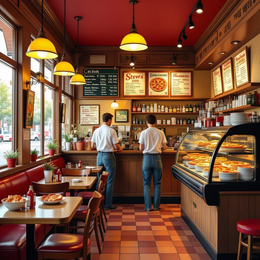 Bustling Pizza Shop Interior in Realist Style