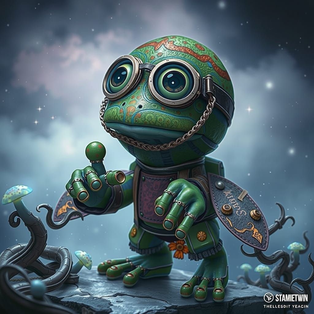 Steampunk Frog Soars Through Dreamlike Alien Landscape