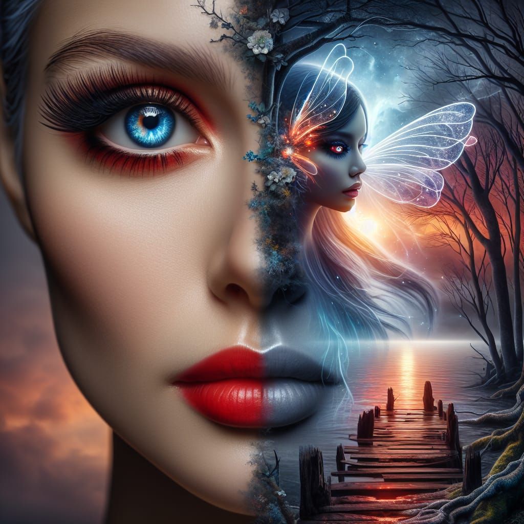 Surreal Fusion: Woman and Fairy in Digital Art