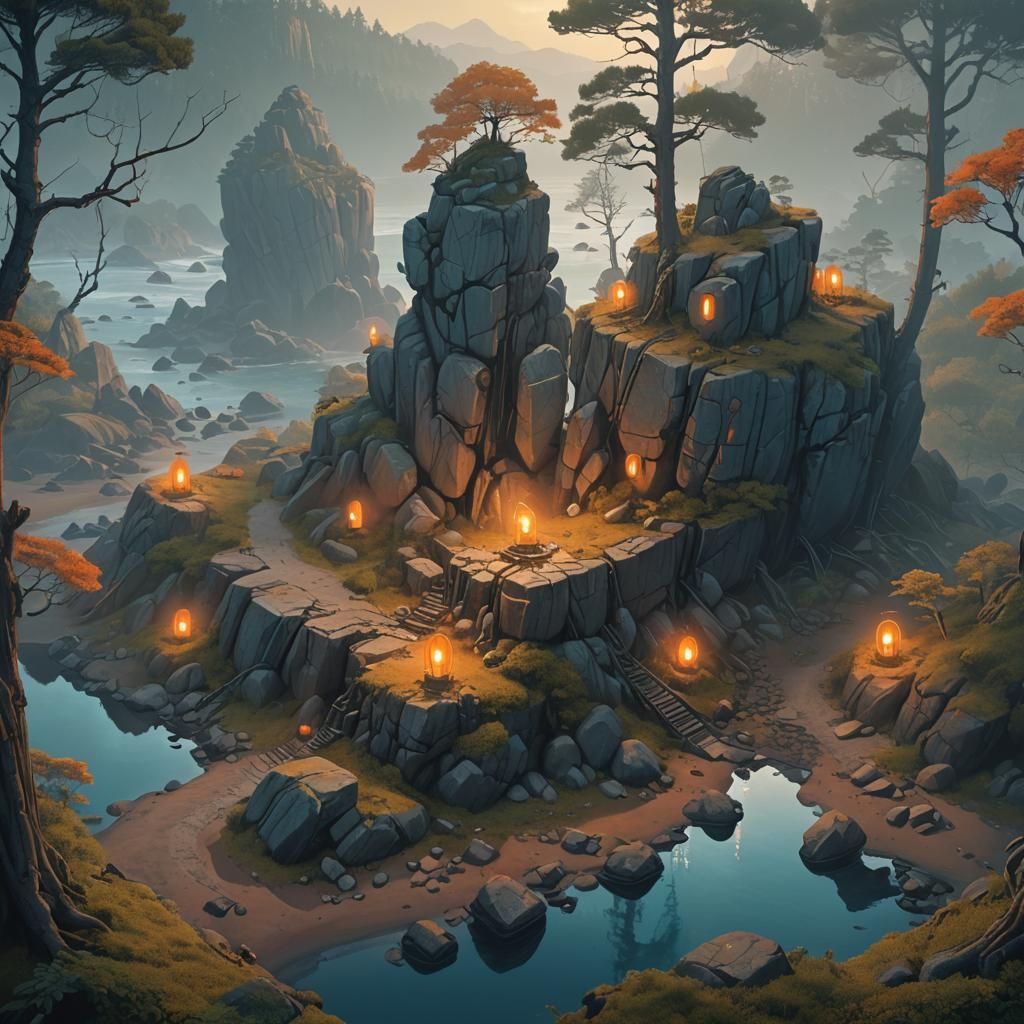 Sacred Stone Sanctuary in Misty Coastal Grove