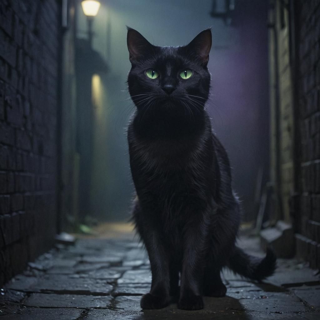Humanoid Black Cat in Moonlit Alleyway, Film Noir