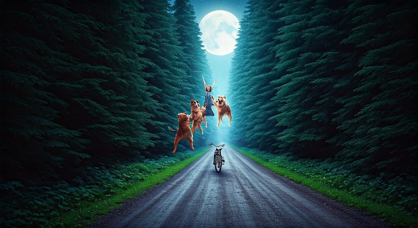 Woman Soars with Dogs in Magical Forest