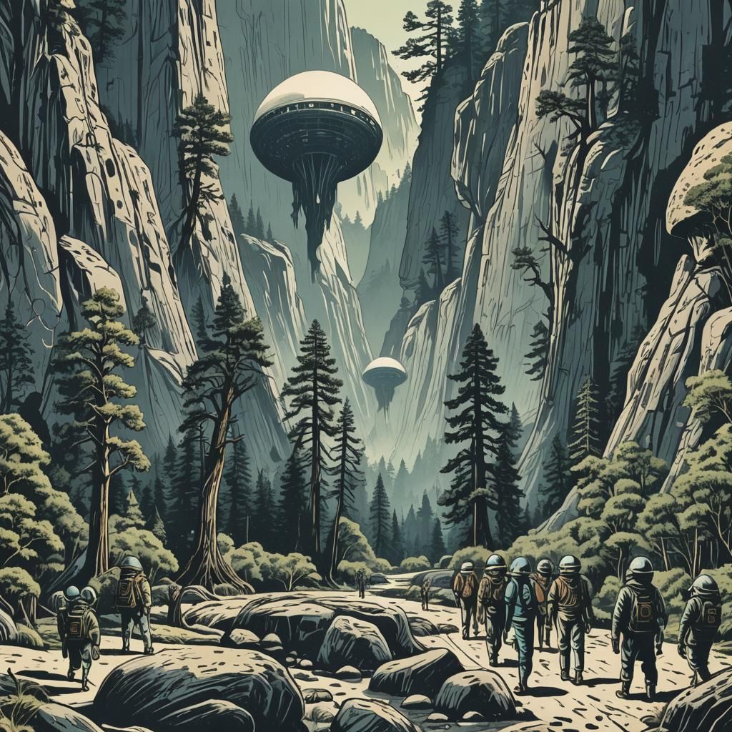 Aliens Visit Yosemite in Japanese Woodblock Print