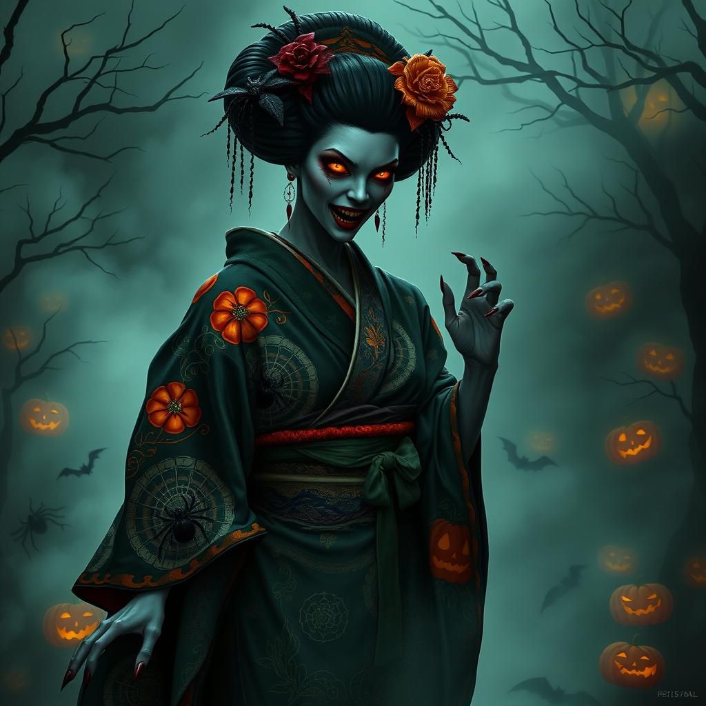 Vampire Geisha in Haunted Garden with Gothic Kimono