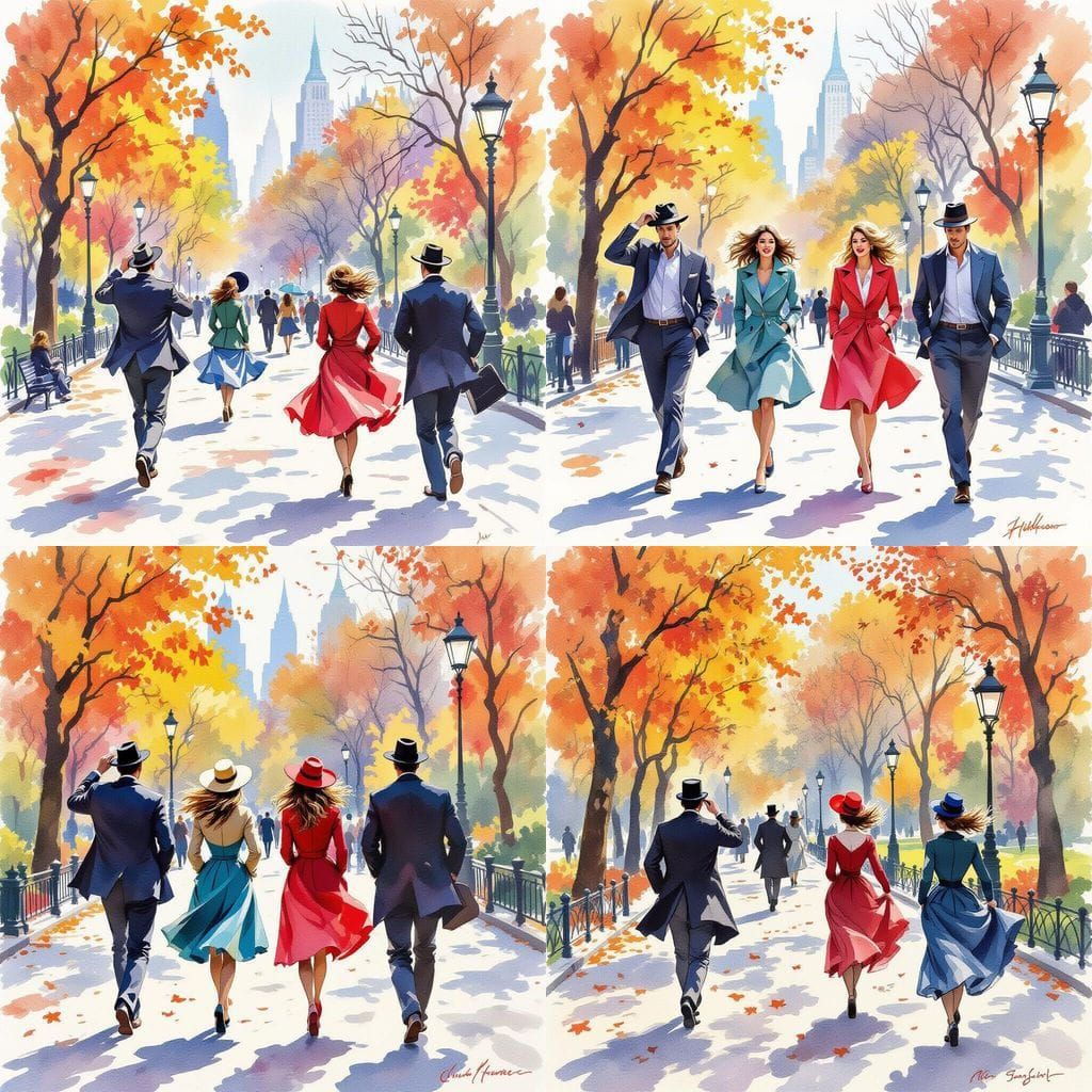Windy Fall Day in Central Park as Watercolor Painting