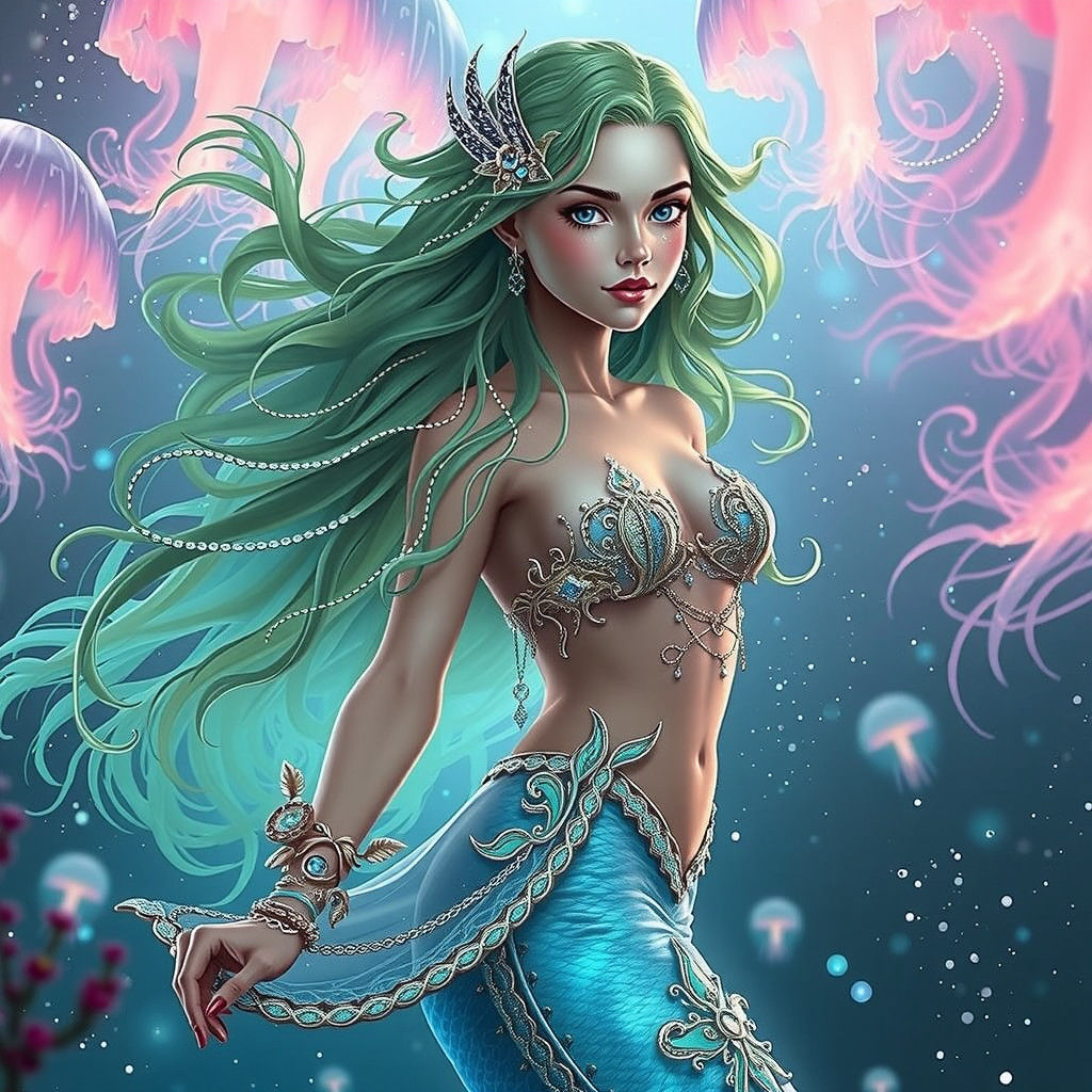 Surreal Mermaid Goddess Radiates in Neon Oceanic Paradise