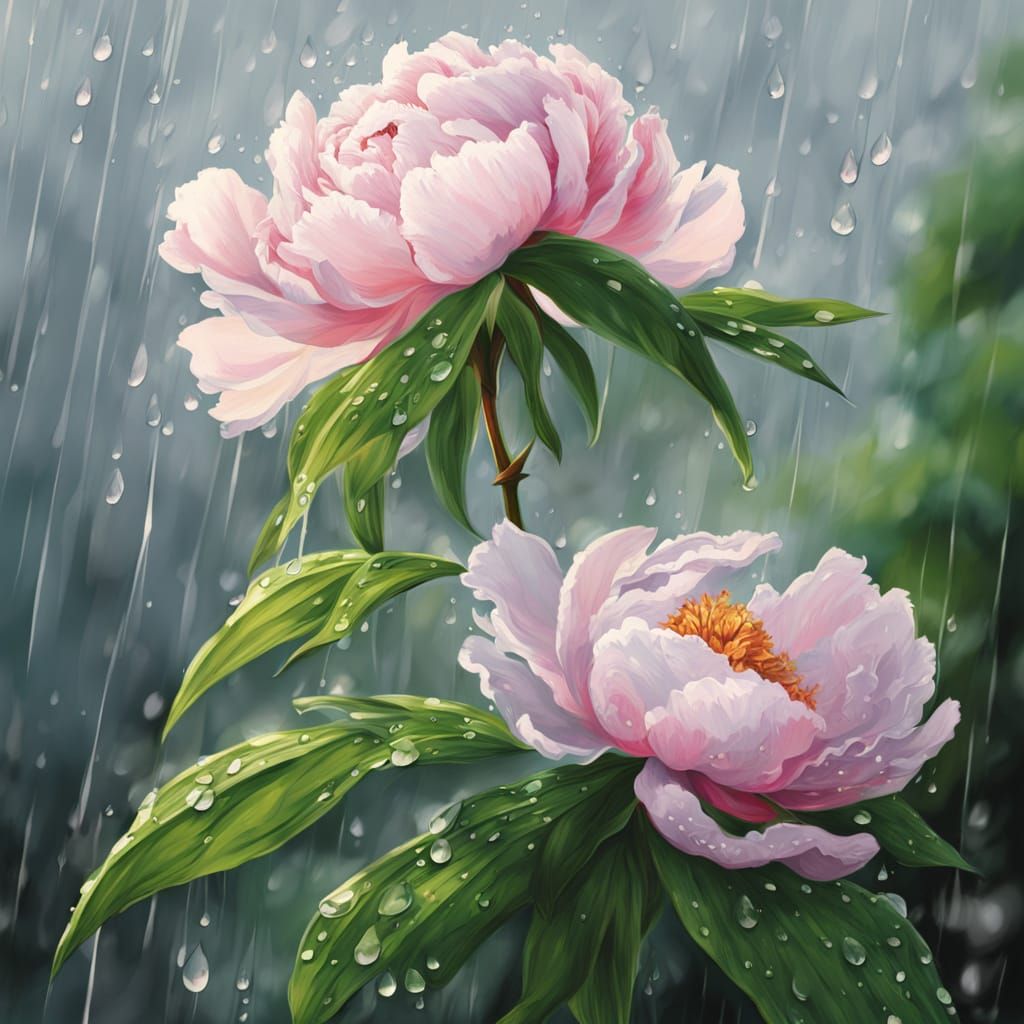 Peony After Storm With Glistening Raindrops
