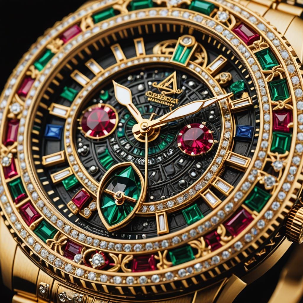 Golden Luxury Watch with Intricate Hieroglyphics and Vibrant...