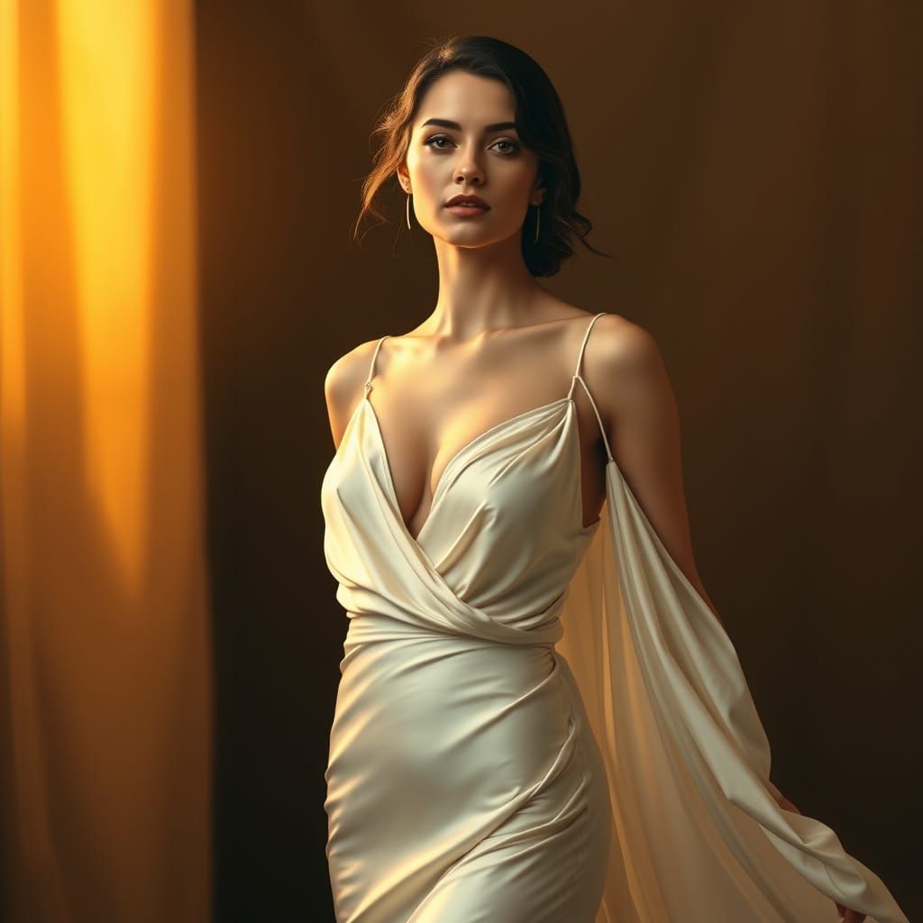 Elegant Woman in Flowing Silk Gown, Art Nouveau Style