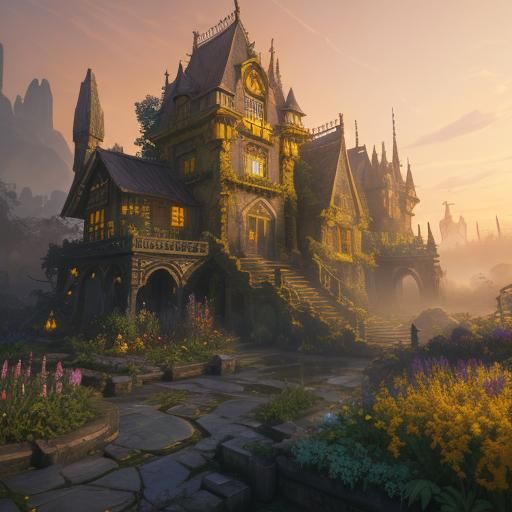 Mystical Garden in Golden Light: Fantasy Concept Art