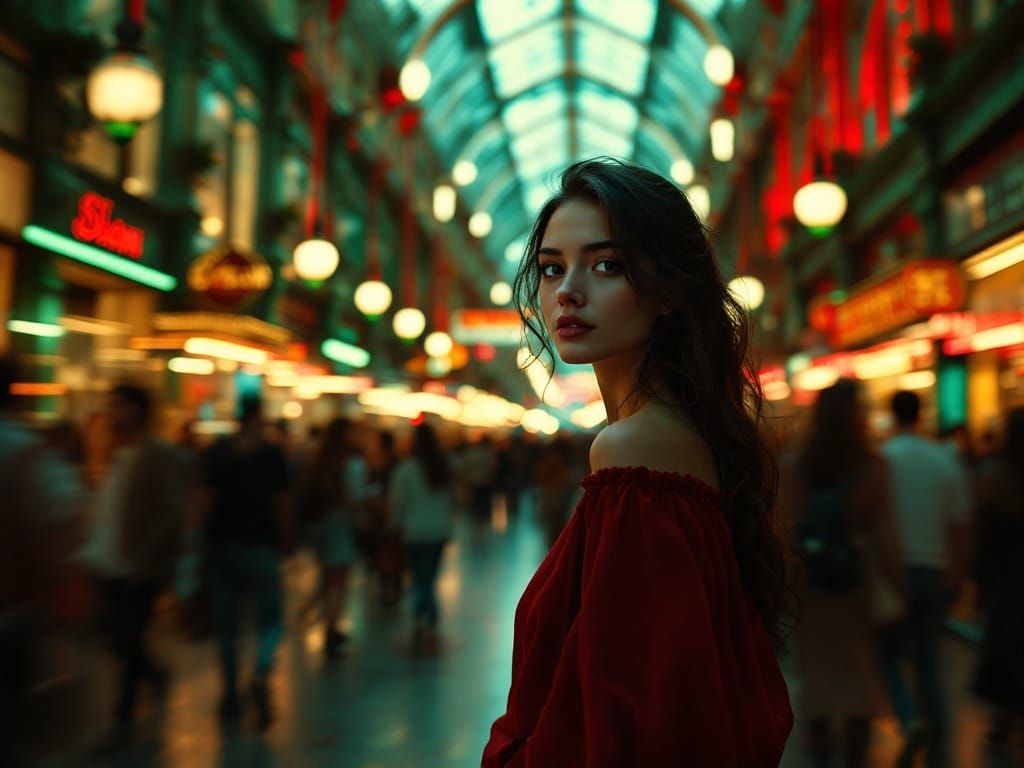 A Young Woman in Red Amidst a Bustling Arcade