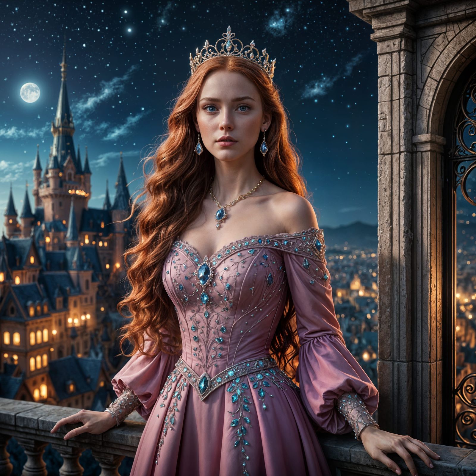 Princess on Balcony Under Starry Night Sky