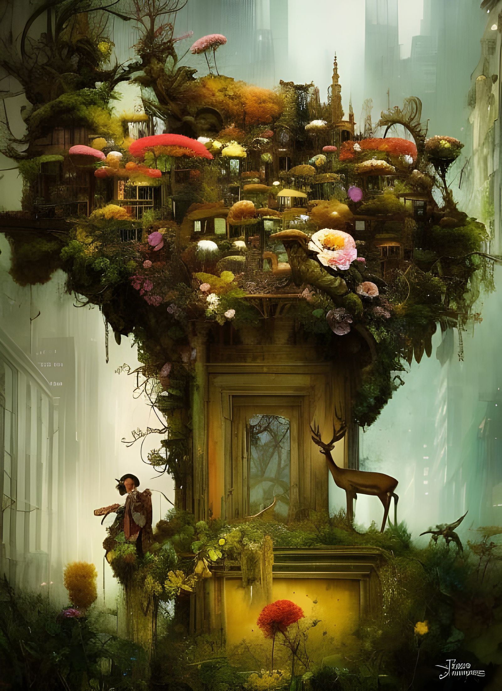 Boy and Deer in Overgrown Floral City