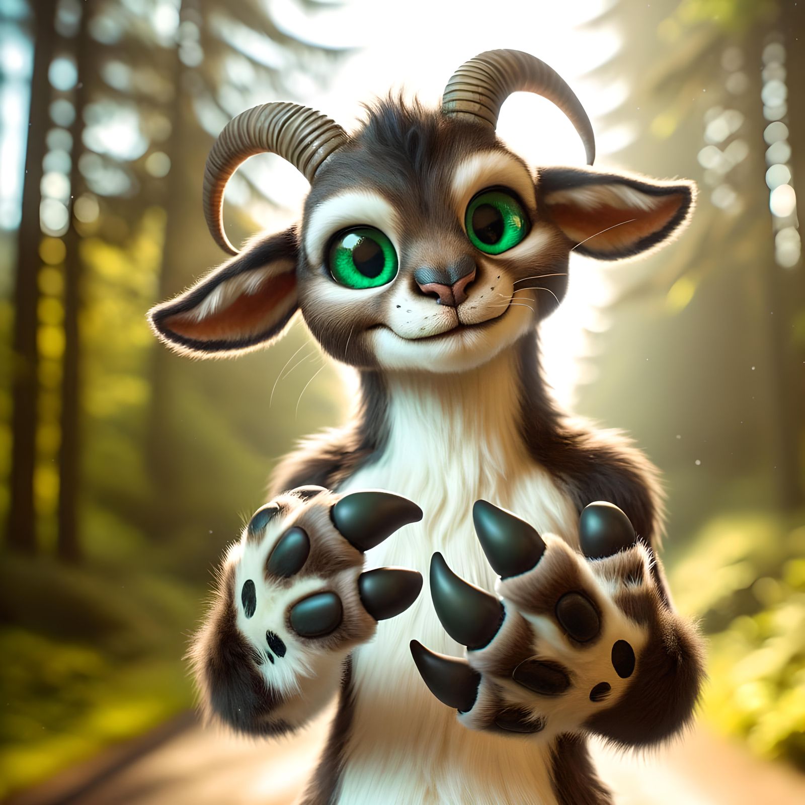 Anthropomorphic Goat-Otter Hybrid in Forest Sunlight