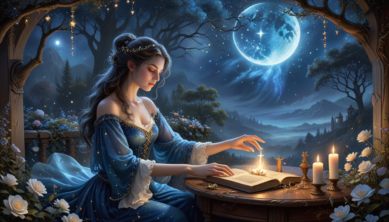 Mystical Witch Performing Crescent Moon Ritual