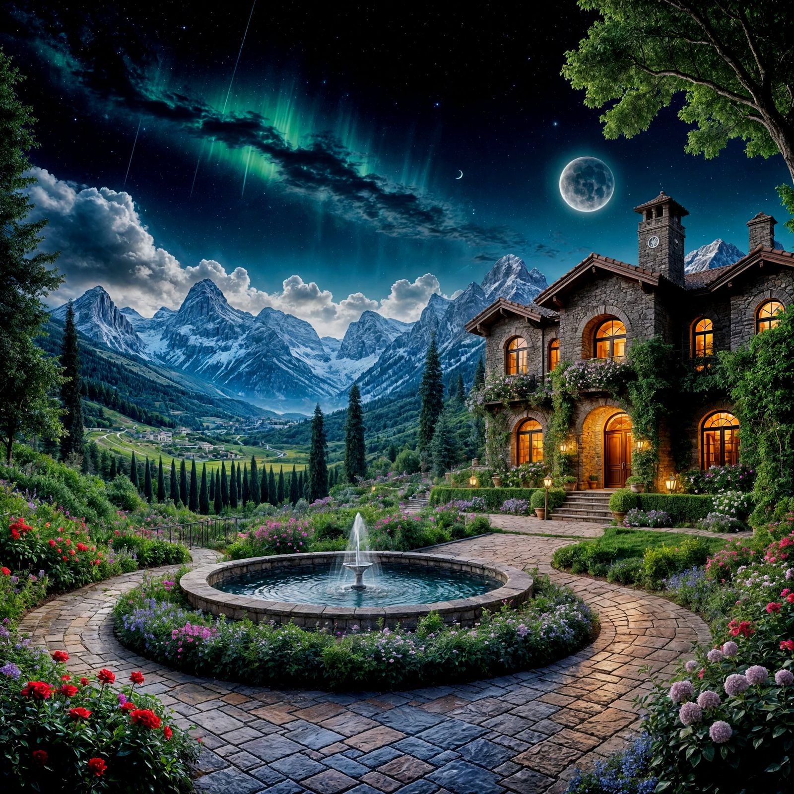 Surreal Italian Villa at Night with Vibrant Garden and Celes...