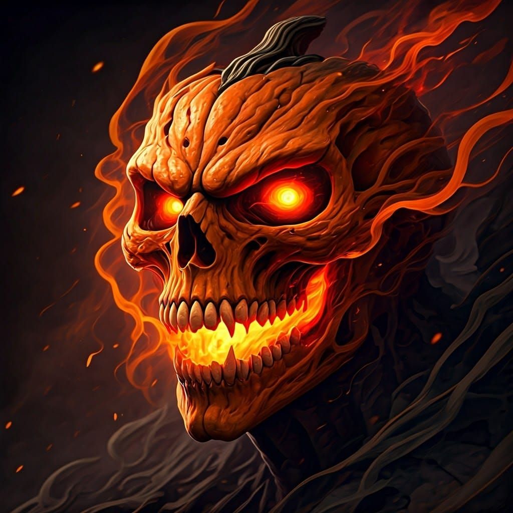 Fiery Skull Pumpkin Screaming in Horror Art Style