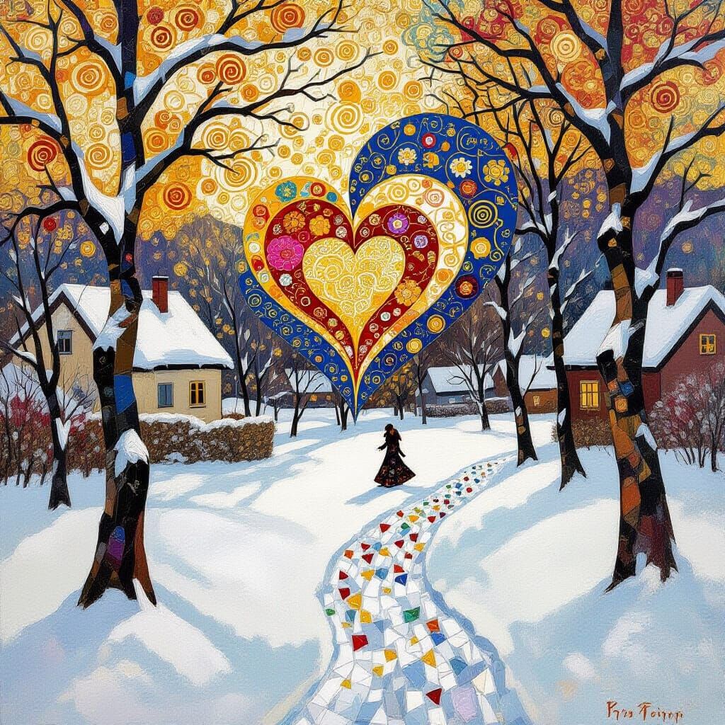 Klimt Style Oil Painting: Snowfall, Secret Love, and Dissolv...