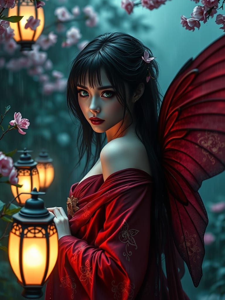 Mystical Fantasy Fairy in Dark Red Kimono Amidst Japanese Ga...