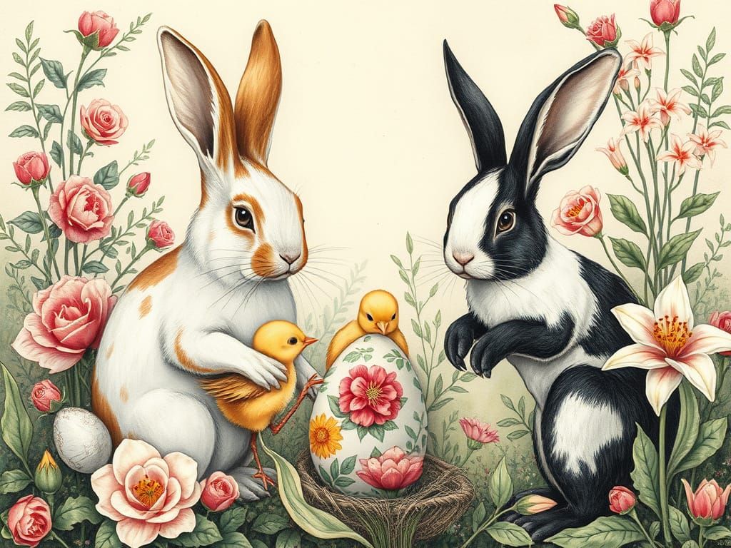 Bunnies and Chicks Painting Easter Eggs: Charcoal Drawing