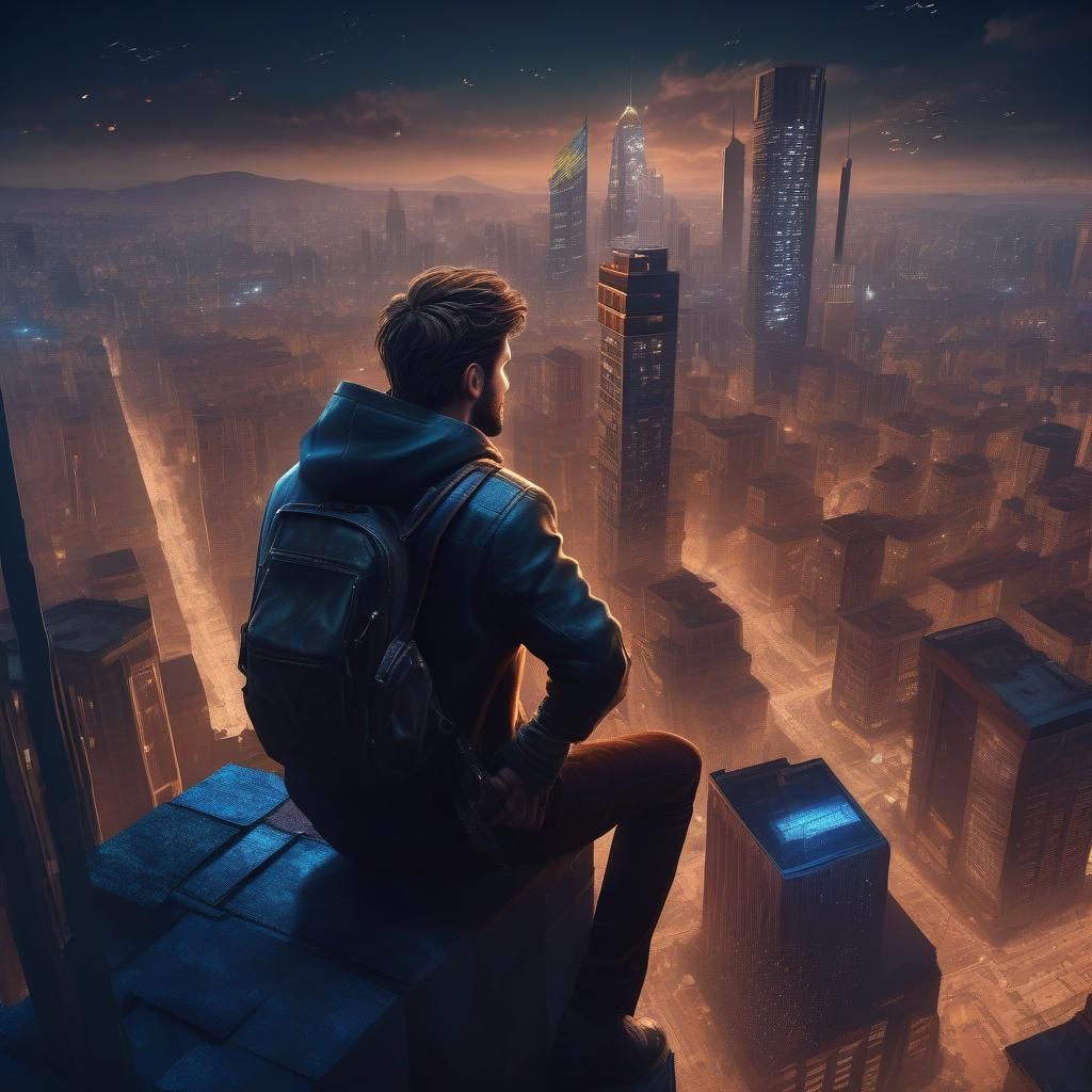 Brown-Haired Man Watches Midnight City: Fantasy Art