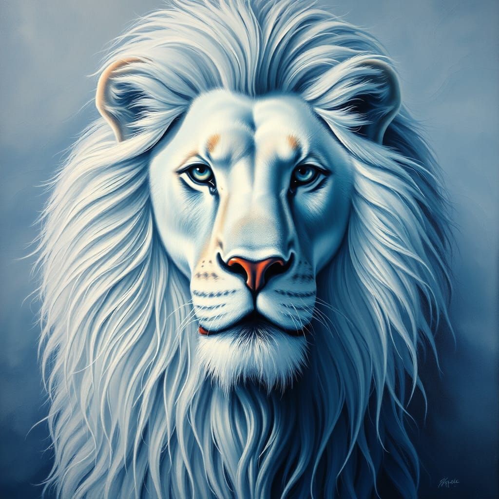 Surreal Blue and White Lion in Melting Oil Style