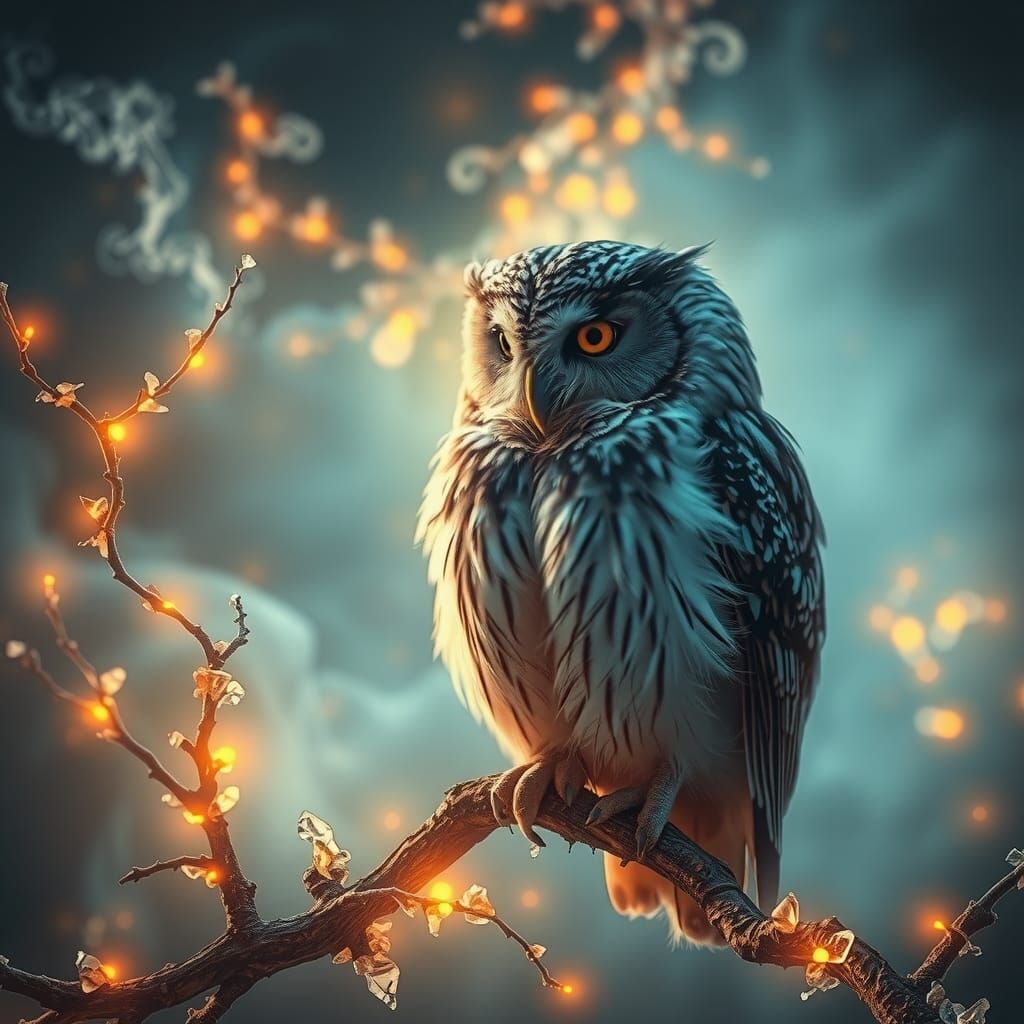 Wise Owl on Crystalline Branch in Ethereal Glow