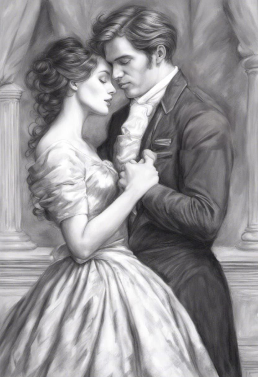 man and woman in love, black and white, pencil drawing