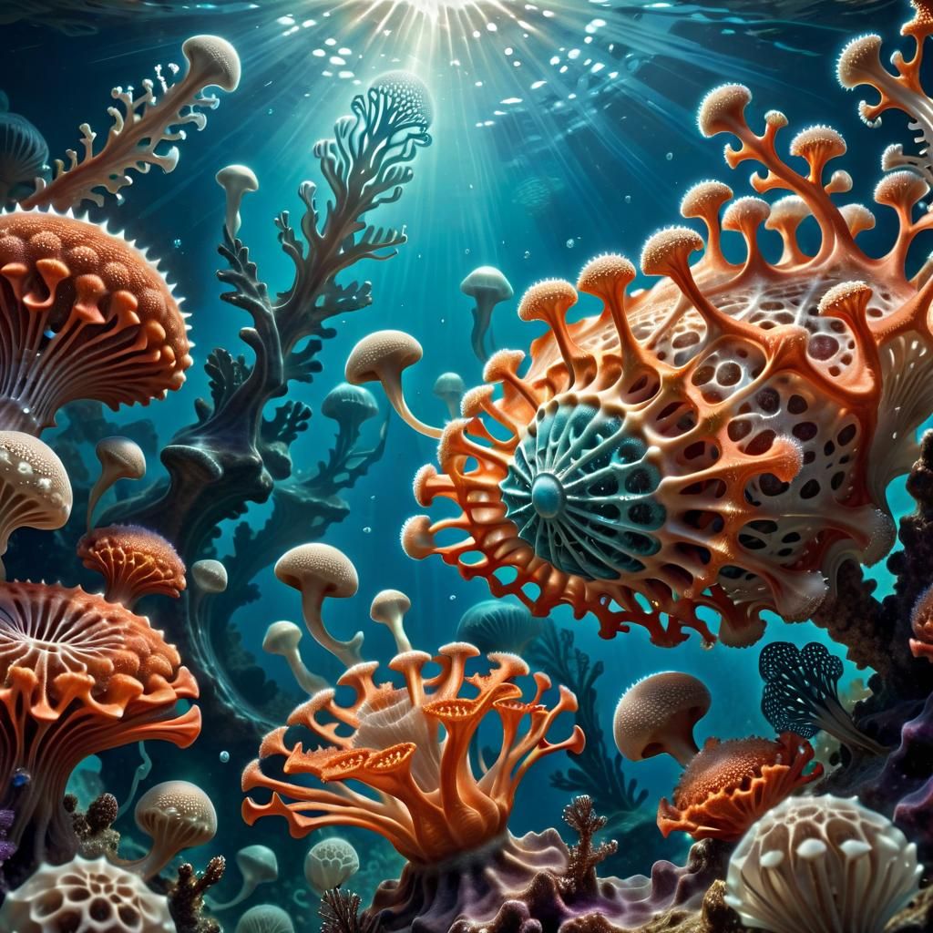 Hyperrealistic Alien Underwater Scene Inspired by Haeckel