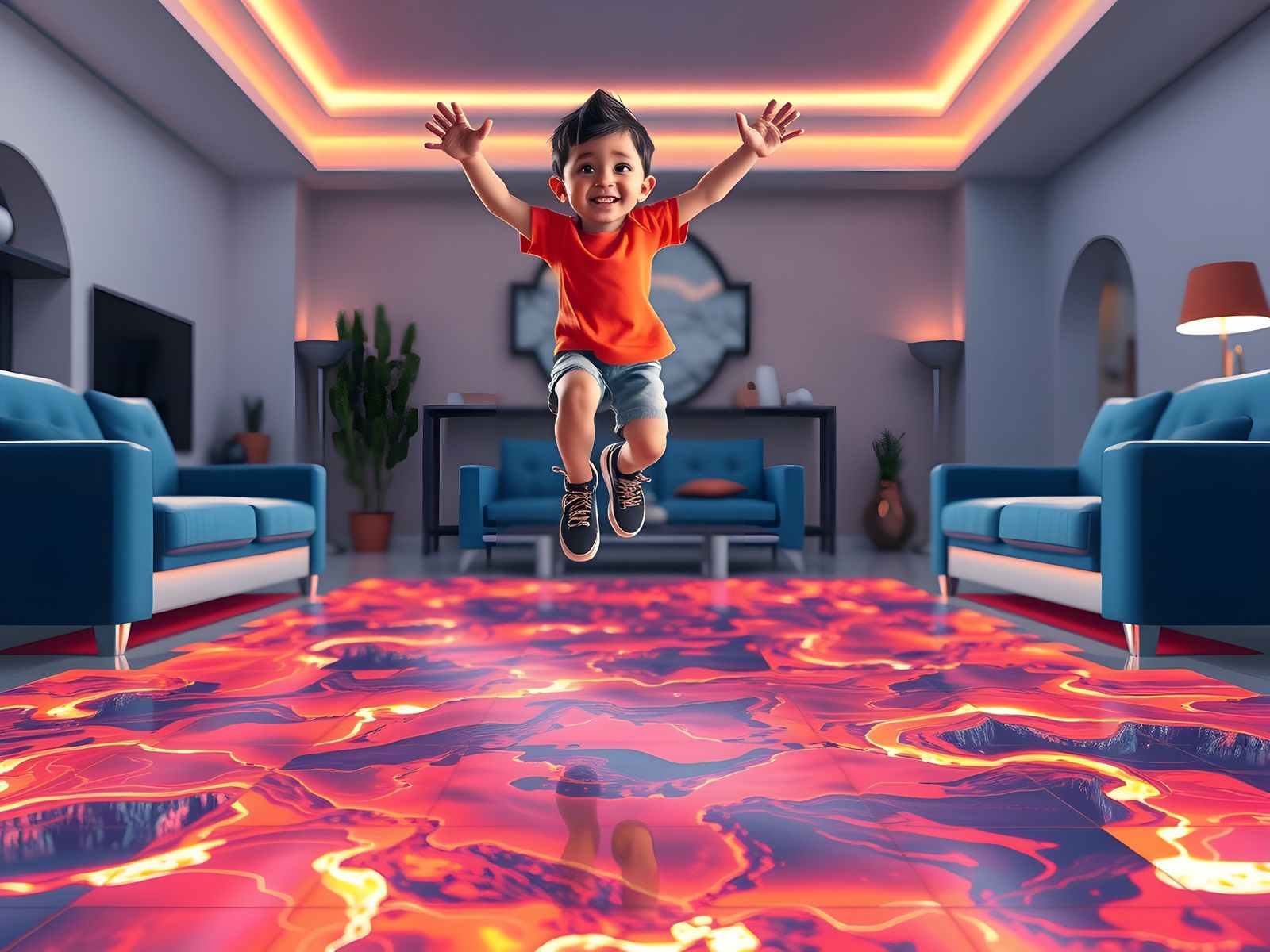 Excited Child Leaps Over Lava Floor in Futuristic Room
