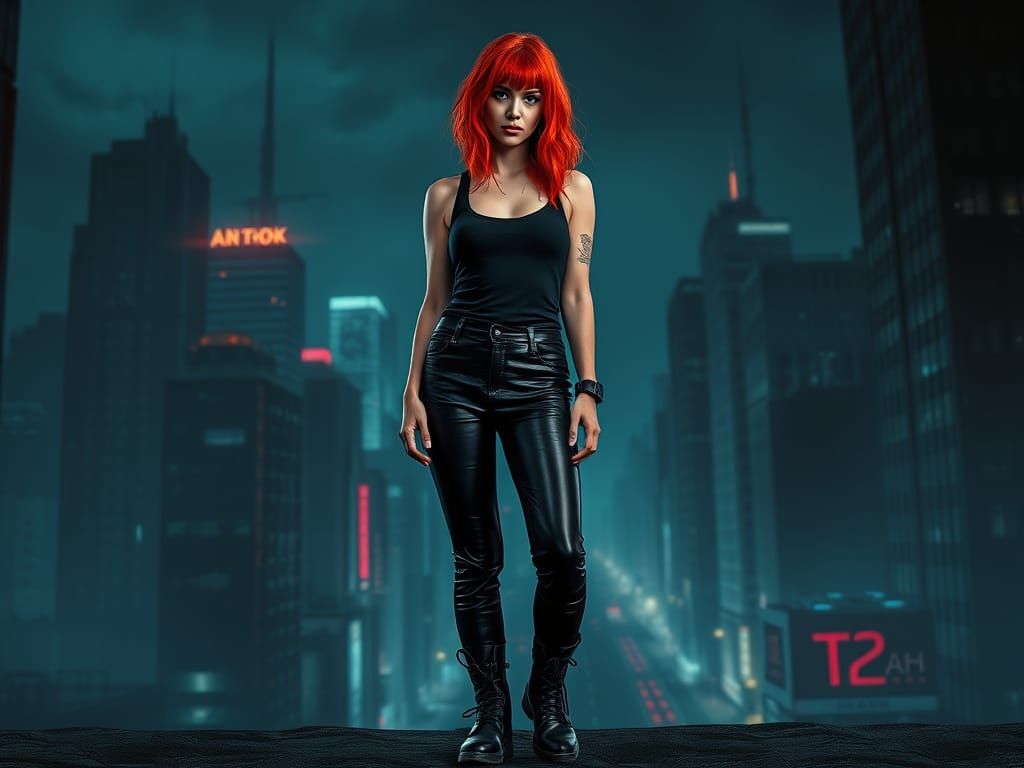 Cyberpunk Redhead in Dark Cityscape