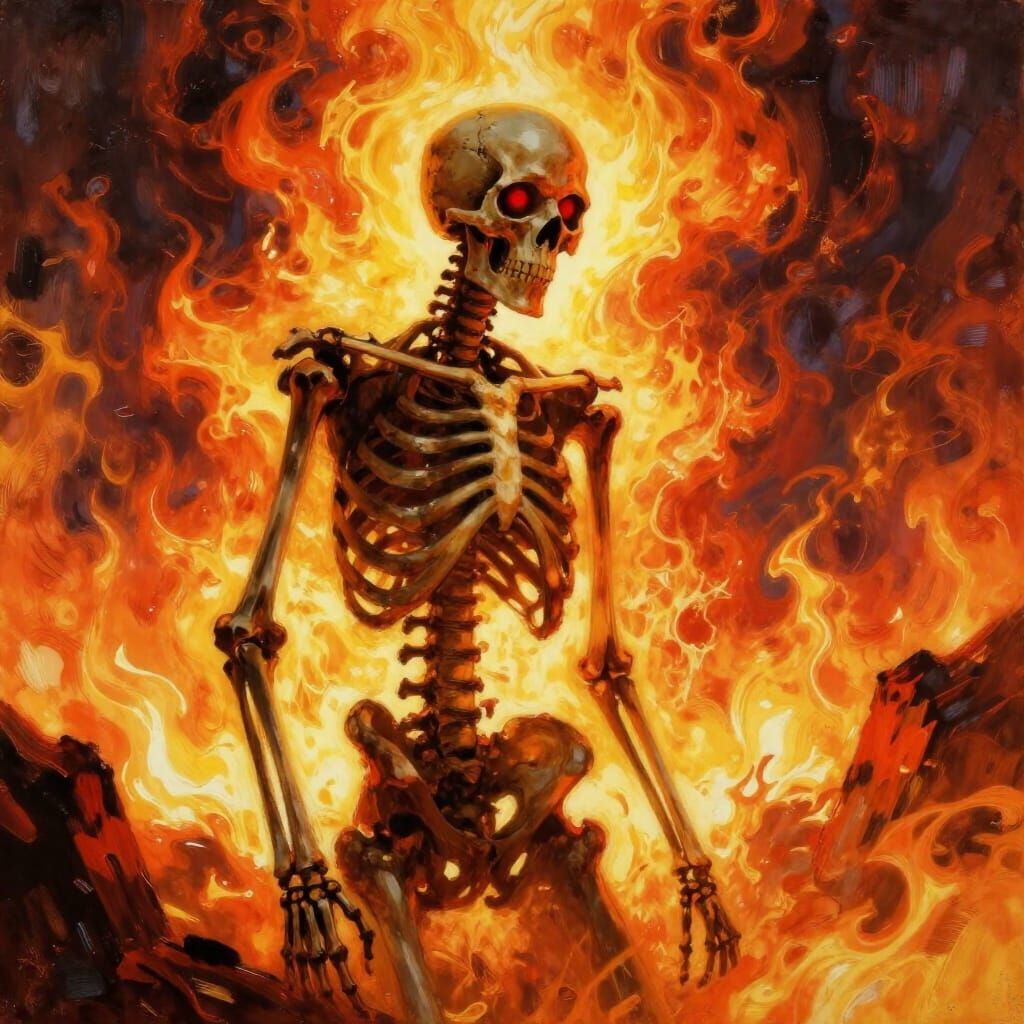 Skeletal Death Contemplates Fiery Landscape in Surreal Style