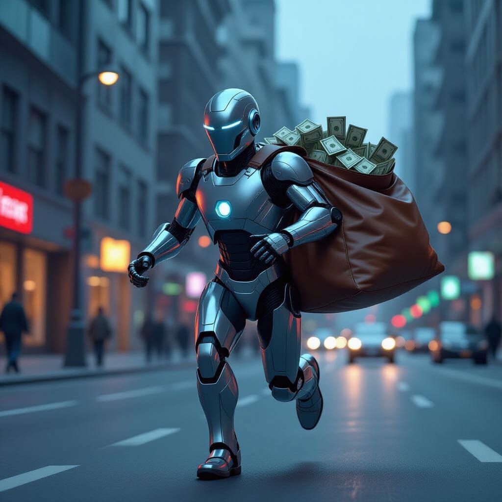 Robot Heist in a Retro-Futuristic Cityscape