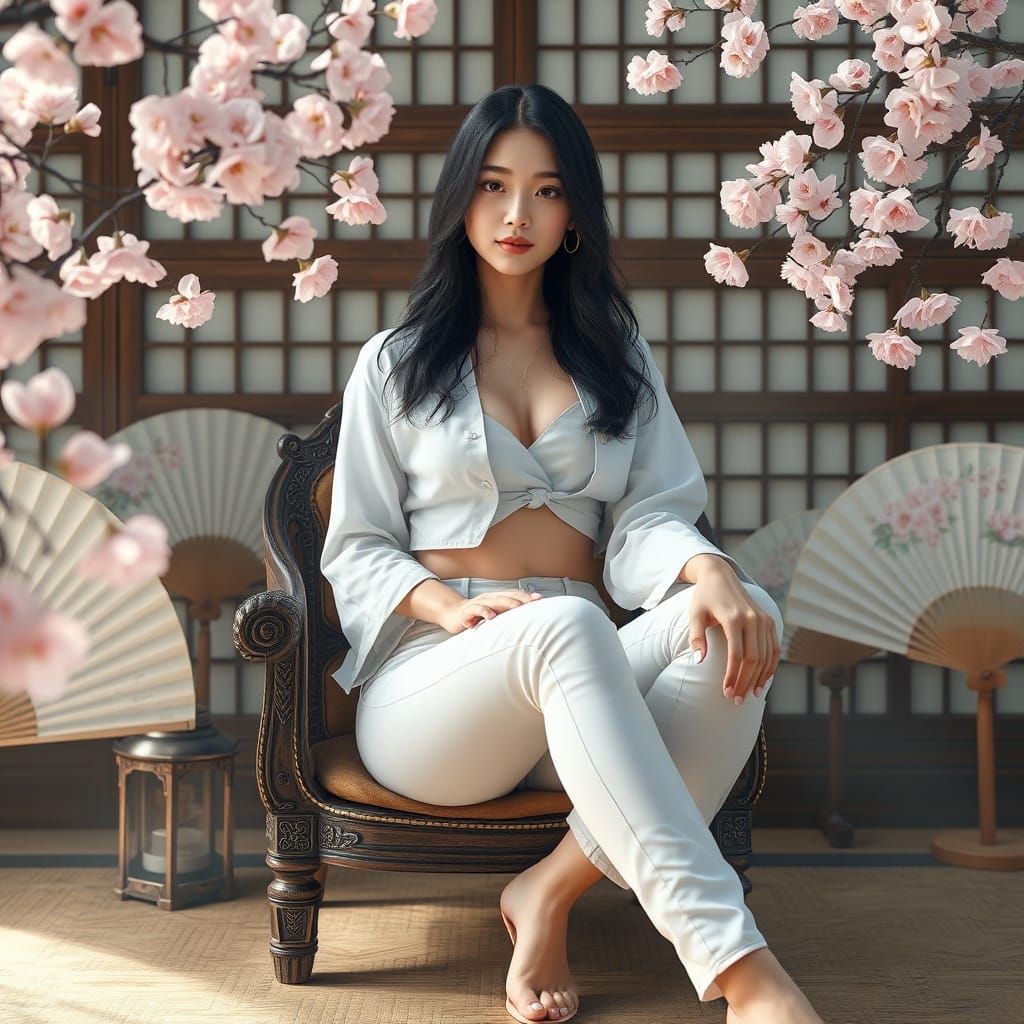 Woman in Ornate Chair Amid Cherry Blossoms