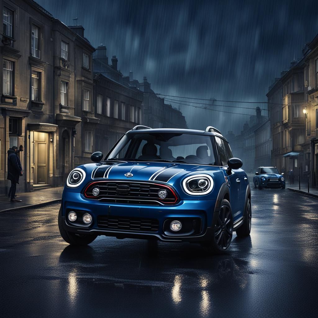 mini countryman car, dark blue, black dark street, rainy night, pug dog drive