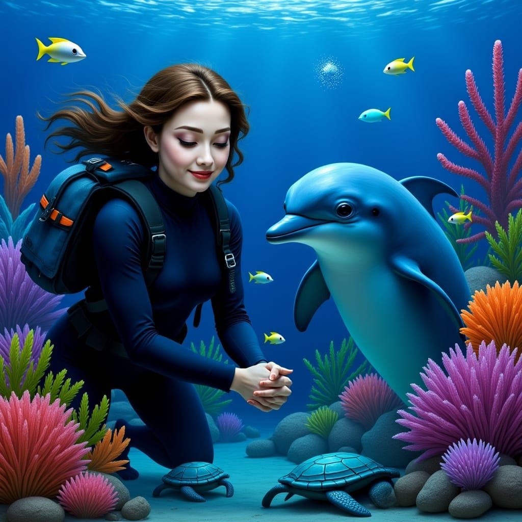 Diver and Dolphin Encounter on a Vibrant Coral Reef